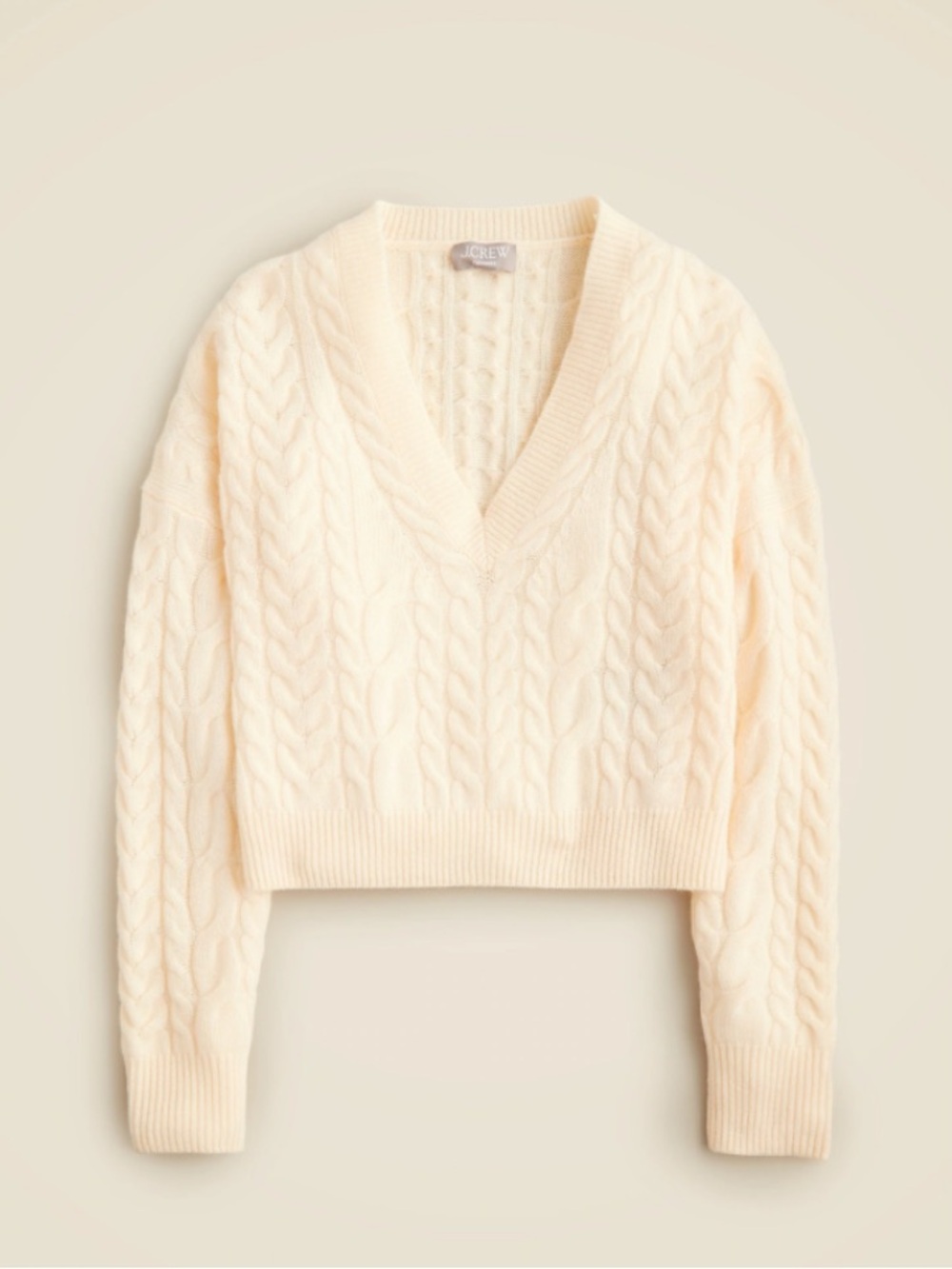 J. Crew Women's Cropped Cable-Knit V-Neck Sweater in Cream Size Small